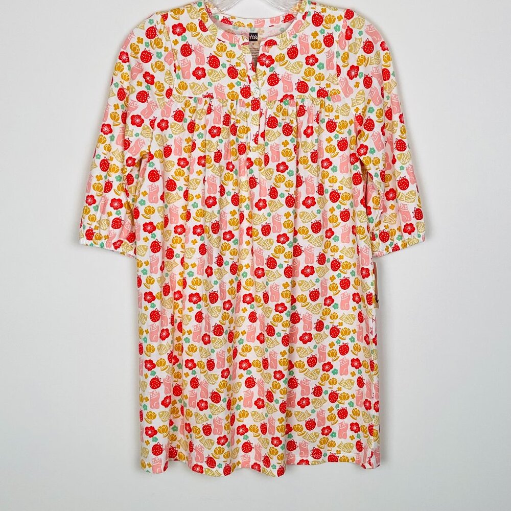 New Tea Collection Puff Sleeve Henley Dress White Pink Fish Cat, Girls Size 12